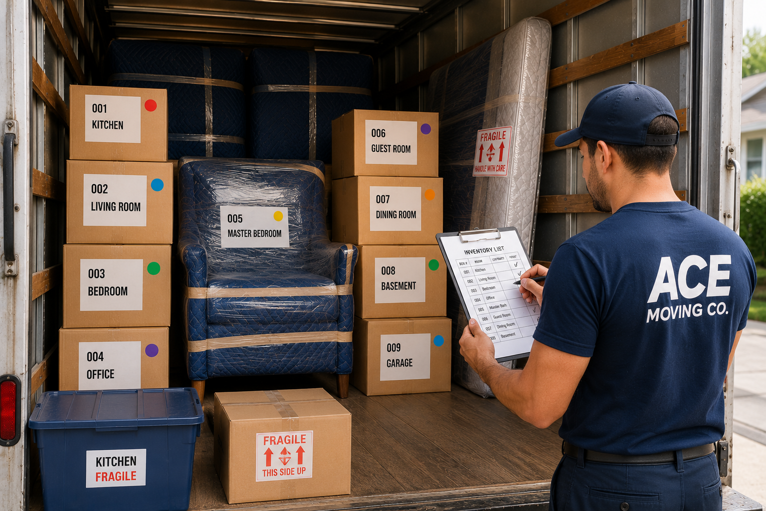 Ace Moving Co. mover checking inventory at the back of a moving truck