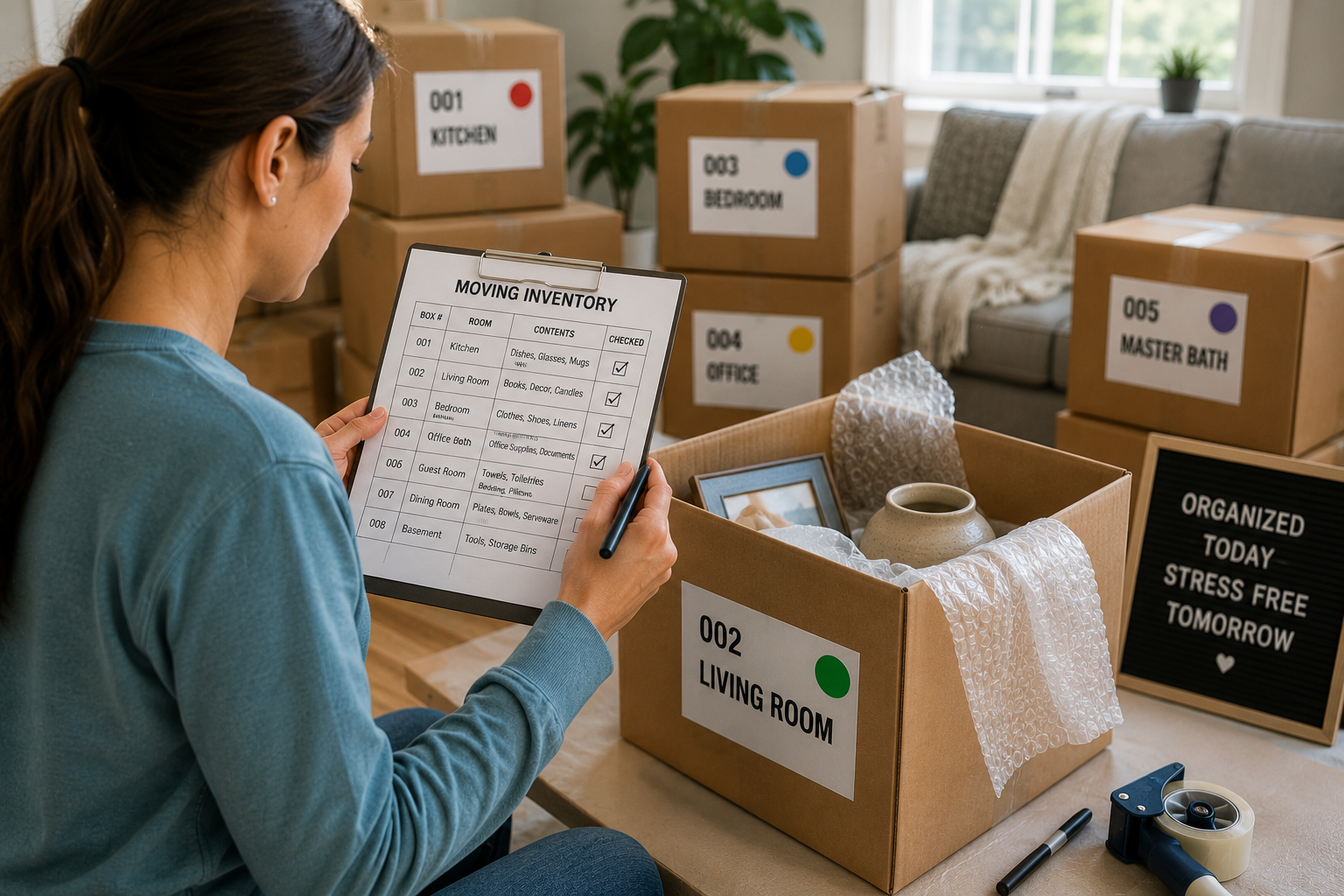 Homeowner reviewing an inventory list beside packed moving boxes