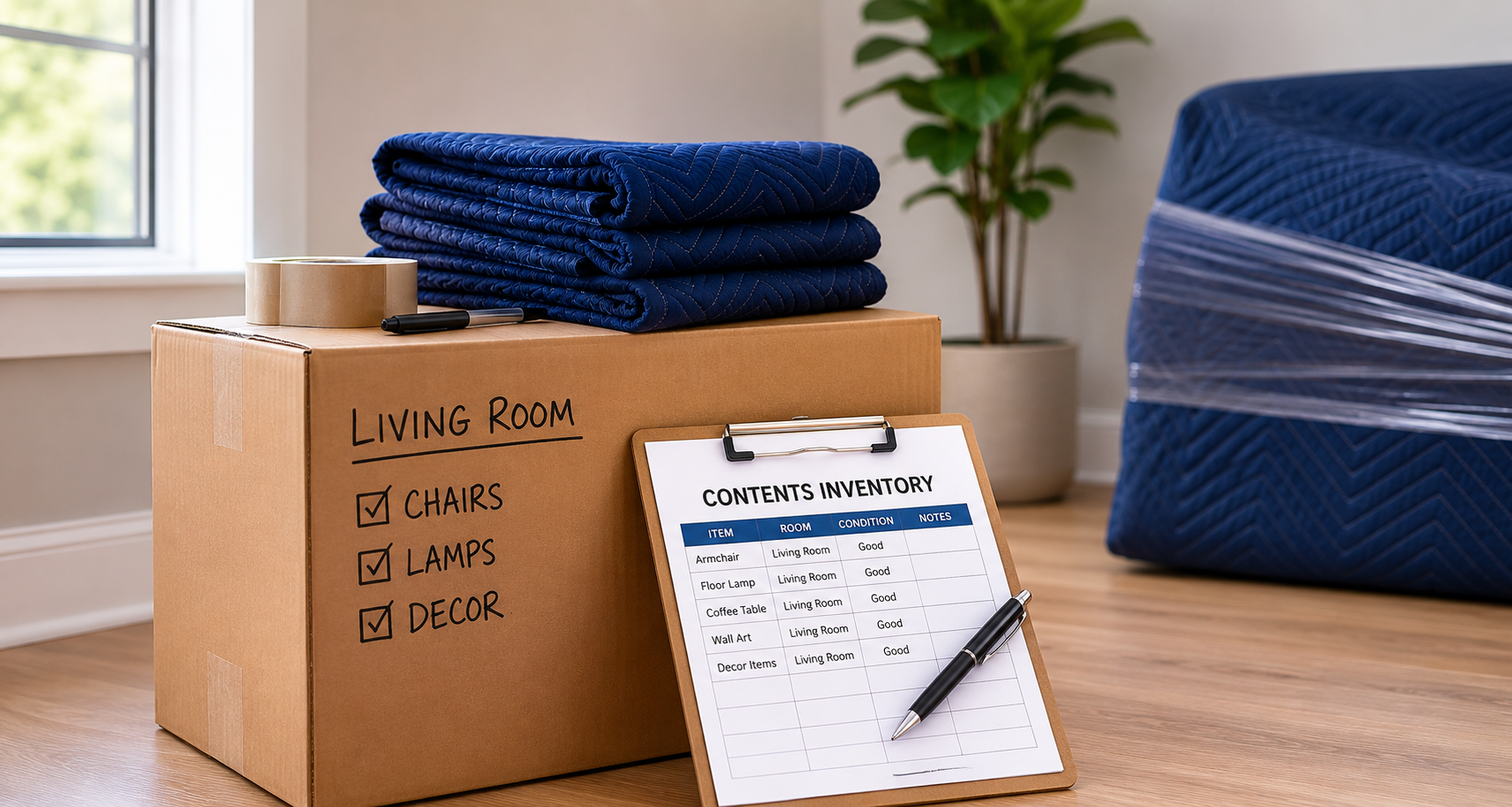 Packed moving box with protective blanket, checklist, and household inventory list
