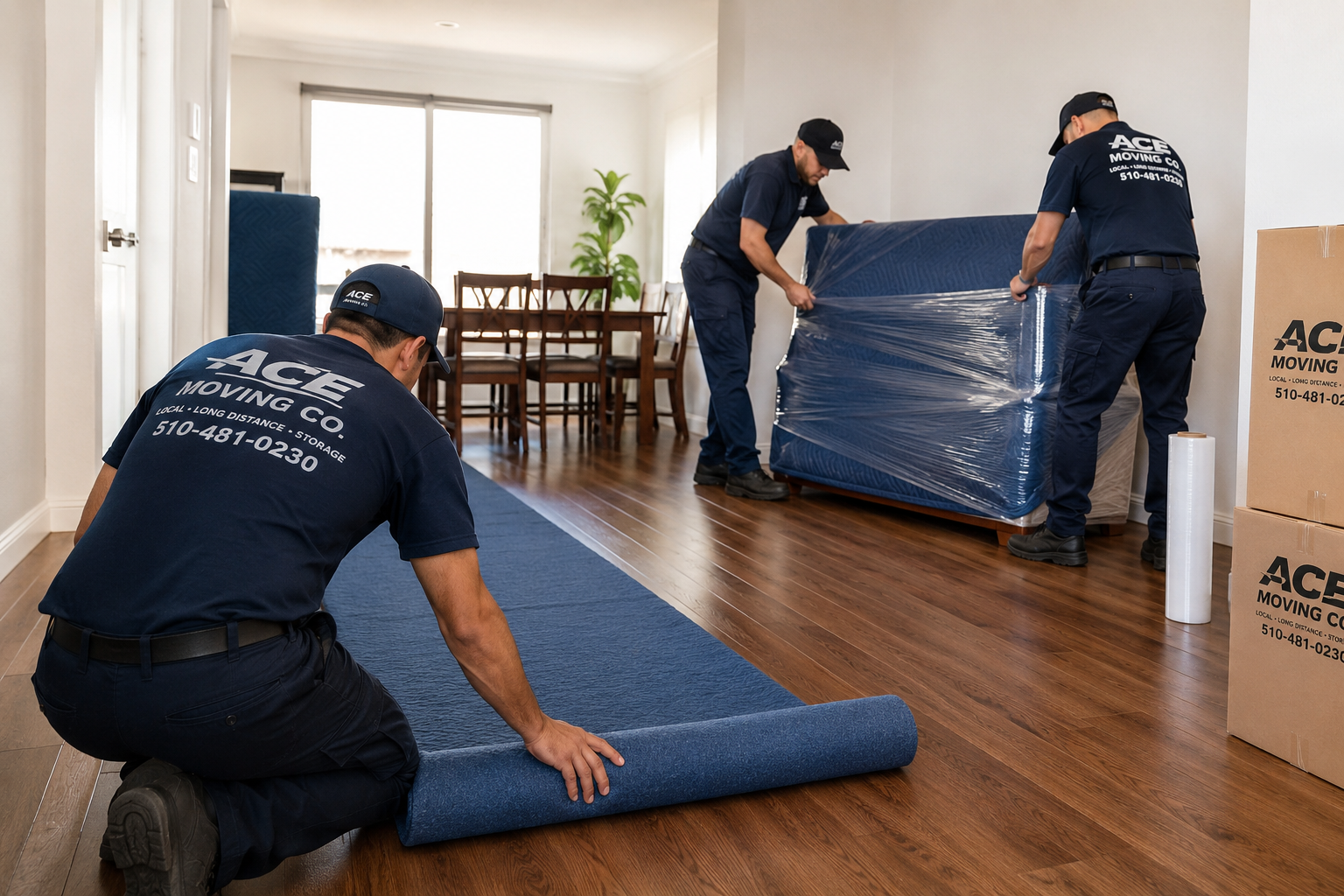 Ace Moving Co. Oakland movers protecting floors and wrapping furniture during a move